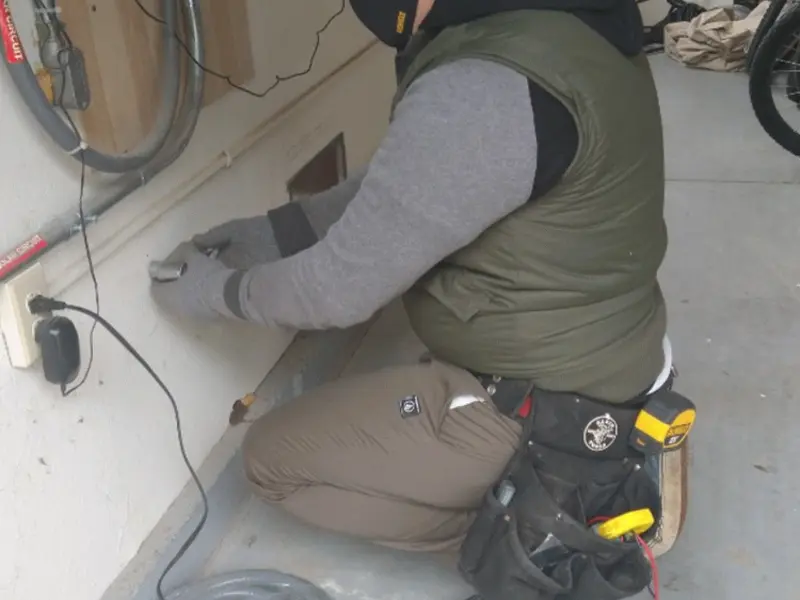 Electrician performing outlet wiring in a Copperas Cove garage